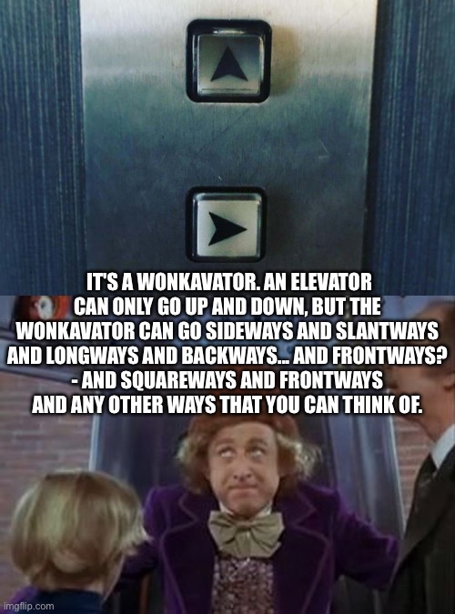 Wonkavator | IT'S A WONKAVATOR. AN ELEVATOR CAN ONLY GO UP AND DOWN, BUT THE WONKAVATOR CAN GO SIDEWAYS AND SLANTWAYS AND LONGWAYS AND BACKWAYS... AND FRONTWAYS?
- AND SQUAREWAYS AND FRONTWAYS AND ANY OTHER WAYS THAT YOU CAN THINK OF. | image tagged in but the wonkavator can get get you there,elevator,willy wonka | made w/ Imgflip meme maker