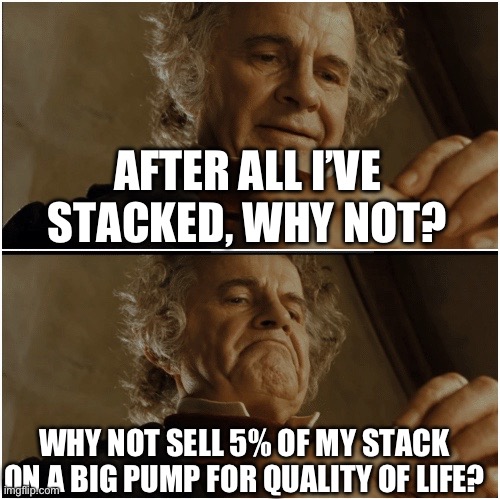 Bilbo - Why shouldn’t I keep it? | AFTER ALL I’VE STACKED, WHY NOT? WHY NOT SELL 5% OF MY STACK ON A BIG PUMP FOR QUALITY OF LIFE? | image tagged in bilbo - why shouldn t i keep it | made w/ Imgflip meme maker