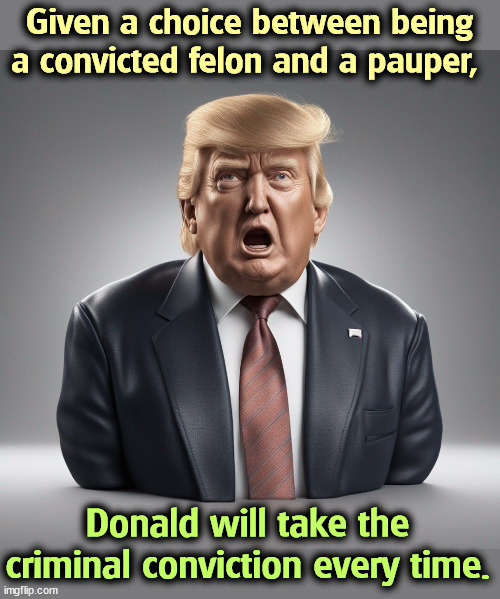 According to his niece, Mary Trump. | Given a choice between being a convicted felon and a pauper, Donald will take the criminal conviction every time. | image tagged in donald trump,felony,criminal,poor,choice | made w/ Imgflip meme maker