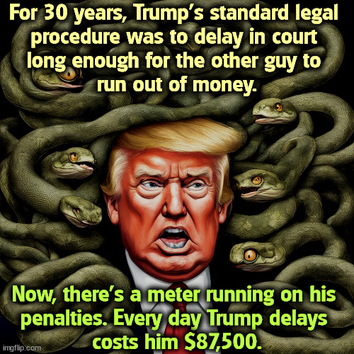 For 30 years, Trump's standard legal 
procedure was to delay in court 
long enough for the other guy to 
run out of money. Now, there's a meter running on his 
penalties. Every day Trump delays 
costs him $87,500. | image tagged in trump,court,delays,expensive | made w/ Imgflip meme maker