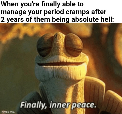 At long last, I have won my battle! | When you're finally able to manage your period cramps after 2 years of them being absolute hell: | image tagged in finally inner peace,periods,relatable,kung fu,dreamworks,cartoon | made w/ Imgflip meme maker