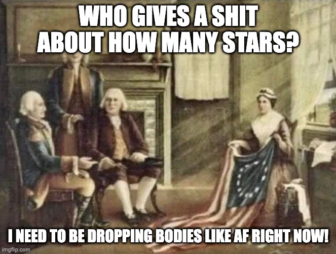 GW Ross | WHO GIVES A SHIT ABOUT HOW MANY STARS? I NEED TO BE DROPPING BODIES LIKE AF RIGHT NOW! | image tagged in george washington | made w/ Imgflip meme maker