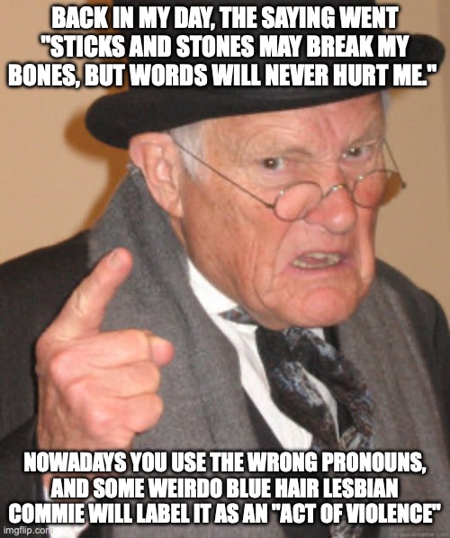 Back In My Day | BACK IN MY DAY, THE SAYING WENT "STICKS AND STONES MAY BREAK MY BONES, BUT WORDS WILL NEVER HURT ME."; NOWADAYS YOU USE THE WRONG PRONOUNS, AND SOME WEIRDO BLUE HAIR LESBIAN COMMIE WILL LABEL IT AS AN "ACT OF VIOLENCE" | image tagged in memes,back in my day | made w/ Imgflip meme maker