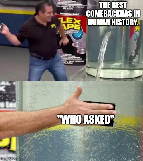 Flex Tape | THE BEST COMEBACKHAS IN HUMAN HISTORY. "WHO ASKED" | image tagged in flex tape | made w/ Imgflip meme maker