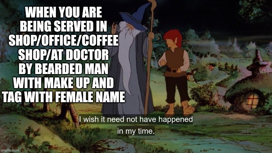 Progress | WHEN YOU ARE BEING SERVED IN SHOP/OFFICE/COFFEE SHOP/AT DOCTOR BY BEARDED MAN WITH MAKE UP AND TAG WITH FEMALE NAME | image tagged in bilbo wishes that it did not have happened in his time,lotr,lord of the rings,memes,non binary | made w/ Imgflip meme maker