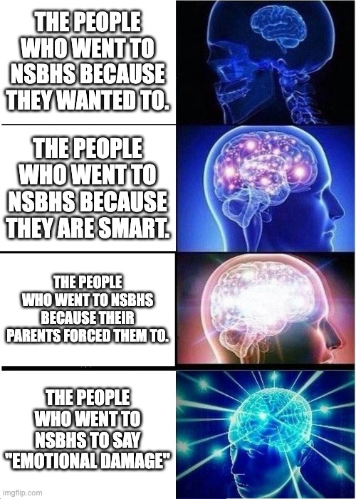 Expanding Brain | THE PEOPLE WHO WENT TO NSBHS BECAUSE THEY WANTED TO. THE PEOPLE WHO WENT TO NSBHS BECAUSE THEY ARE SMART. THE PEOPLE WHO WENT TO NSBHS BECAUSE THEIR PARENTS FORCED THEM TO. THE PEOPLE WHO WENT TO NSBHS TO SAY "EMOTIONAL DAMAGE" | image tagged in memes,expanding brain | made w/ Imgflip meme maker