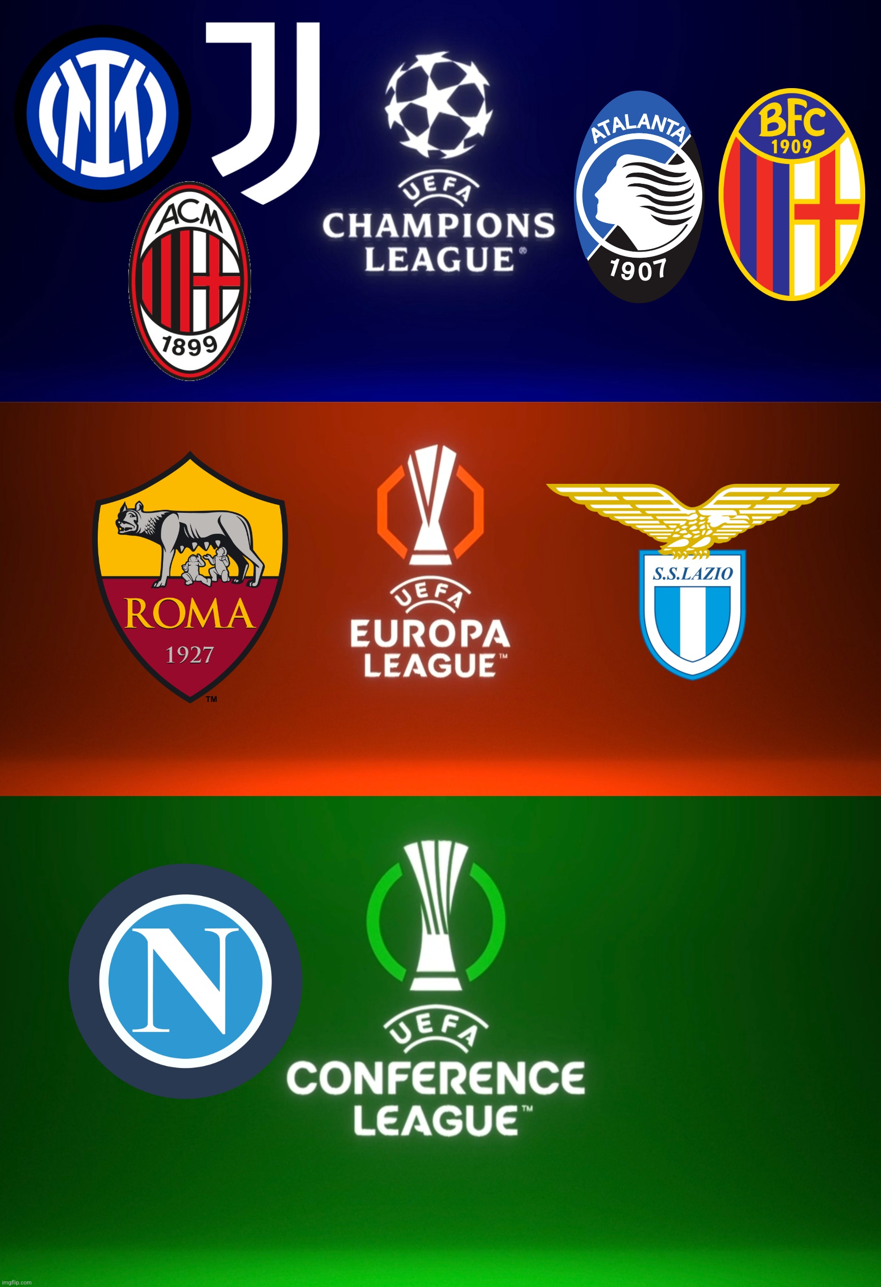 Prediction: Italian Serie A teams in Champions-Europa-Conferenge League 2024/25 | image tagged in inter,juventus,napoli,champions league,europa league,conference league | made w/ Imgflip meme maker