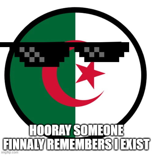 Algeria | HOORAY SOMEONE FINNALY REMEMBERS I EXIST | image tagged in algeria | made w/ Imgflip meme maker