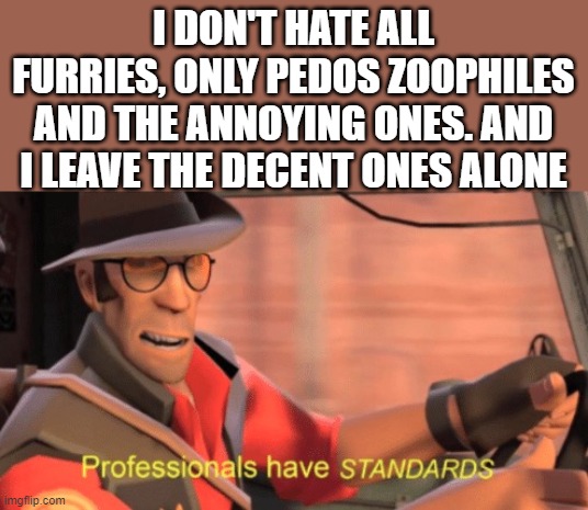 Professionals have standards | I DON'T HATE ALL FURRIES, ONLY PEDOS ZOOPHILES AND THE ANNOYING ONES. AND I LEAVE THE DECENT ONES ALONE | image tagged in professionals have standards | made w/ Imgflip meme maker