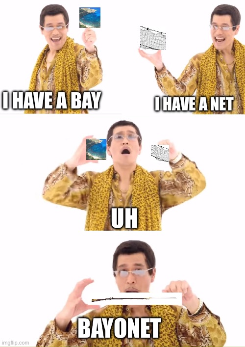 BAYONET | I HAVE A BAY; I HAVE A NET; UH; BAYONET | image tagged in memes,ppap | made w/ Imgflip meme maker