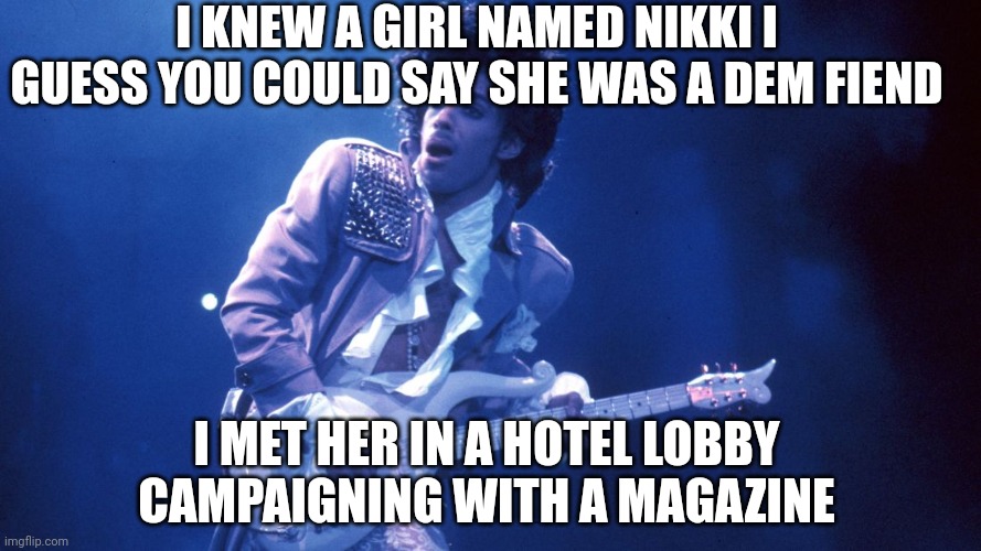 I KNEW A GIRL NAMED NIKKI I GUESS YOU COULD SAY SHE WAS A DEM FIEND I MET HER IN A HOTEL LOBBY CAMPAIGNING WITH A MAGAZINE | made w/ Imgflip meme maker