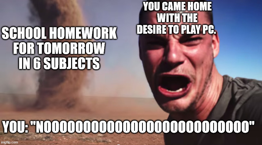 life of a schoolboys. | SCHOOL HOMEWORK FOR TOMORROW IN 6 SUBJECTS; YOU CAME HOME WITH THE DESIRE TO PLAY PC. YOU: "NOOOOOOOOOOOOOOOOOOOOOOOOOO" | image tagged in here it comes,funny meme | made w/ Imgflip meme maker