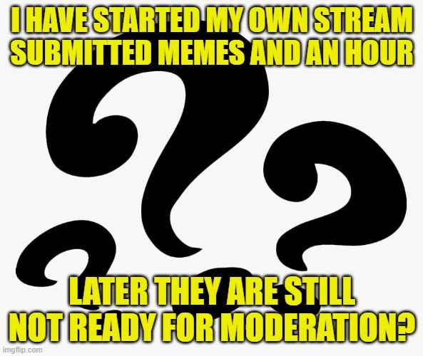Question | I HAVE STARTED MY OWN STREAM
SUBMITTED MEMES AND AN HOUR; LATER THEY ARE STILL NOT READY FOR MODERATION? | image tagged in question,moderators,mods,imgflip mods,submissions,approval | made w/ Imgflip meme maker