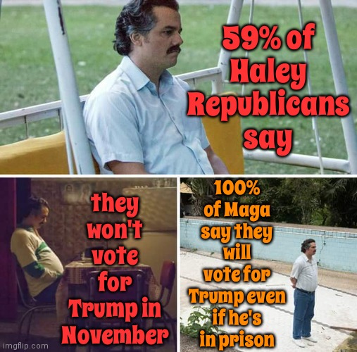 The Good News And The Bad | 59% of Haley Republicans say; they won't vote for Trump in November; 100% of Maga say they will vote for Trump even if he's in prison | image tagged in memes,sad pablo escobar,never again,never trump,never give up,never fascism | made w/ Imgflip meme maker