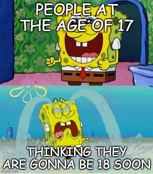 spongebob happy and sad | PEOPLE AT THE AGE OF 17; THINKING THEY ARE GONNA BE 18 SOON | image tagged in spongebob happy and sad | made w/ Imgflip meme maker