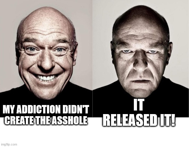 Addiction | IT RELEASED IT! MY ADDICTION DIDN'T CREATE THE ASSHOLE | image tagged in breaking bad smile frown | made w/ Imgflip meme maker