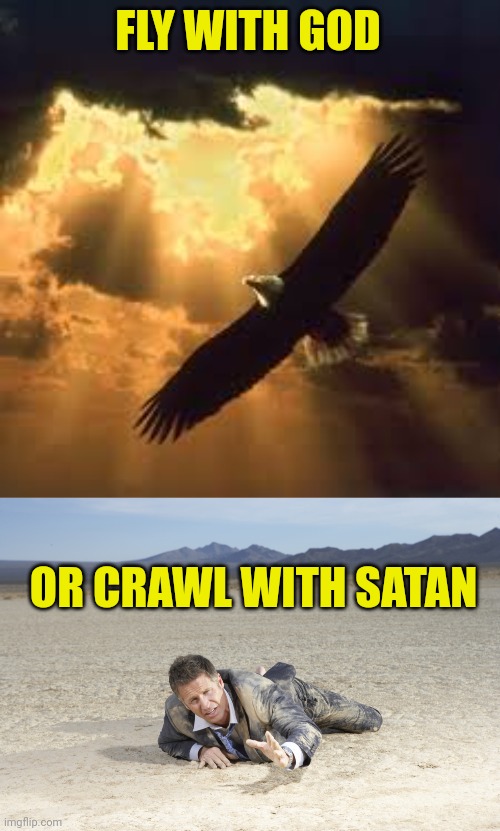 FLY WITH GOD; OR CRAWL WITH SATAN | image tagged in soaring eagle,crawling man in desert | made w/ Imgflip meme maker