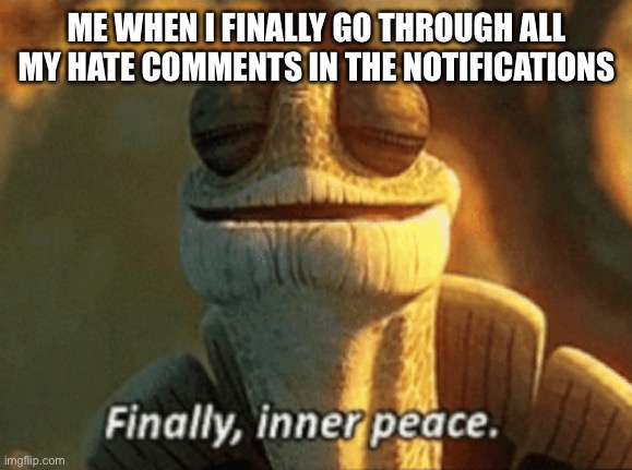 Finally | ME WHEN I FINALLY GO THROUGH ALL MY HATE COMMENTS IN THE NOTIFICATIONS | image tagged in finally inner peace | made w/ Imgflip meme maker