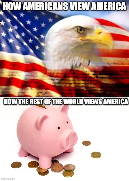 The World's Piggy Bank | HOW AMERICANS VIEW AMERICA; HOW THE REST OF THE WORLD VIEWS AMERICA | image tagged in american flag,piggy bank | made w/ Imgflip meme maker