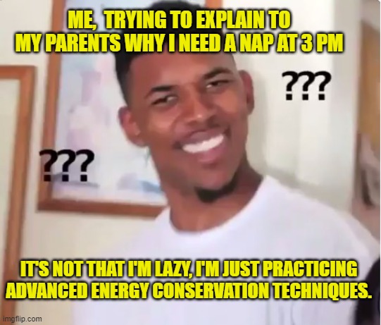 confused nick young | ME,  TRYING TO EXPLAIN TO MY PARENTS WHY I NEED A NAP AT 3 PM; IT'S NOT THAT I'M LAZY, I'M JUST PRACTICING ADVANCED ENERGY CONSERVATION TECHNIQUES. | image tagged in confused nick young | made w/ Imgflip meme maker