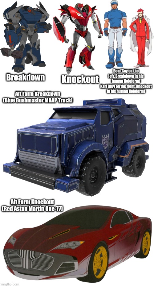 BD & KO. They're a gay couple, so no romancing with either of them. MRAP means Mine Resistant Ambush Protected. | Ben (Guy on the left, Breakdown in his human Holoform)
Karl (Guy on the right, Knockout in his human Holoform); Breakdown; Knockout; Alt Form Breakdown
(Blue Bushmaster MRAP Truck); Alt Form Knockout
(Red Aston Martin One-77) | image tagged in knockout sticker | made w/ Imgflip meme maker