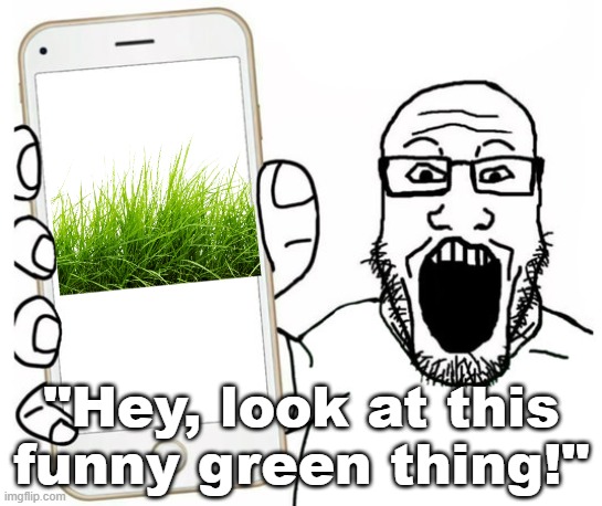Soyjack phone | "Hey, look at this funny green thing!" | image tagged in soyjack phone | made w/ Imgflip meme maker