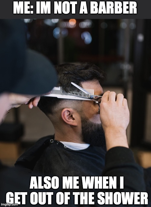 I give myself the best hair styles when I get out | ME: IM NOT A BARBER; ALSO ME WHEN I GET OUT OF THE SHOWER | image tagged in shower | made w/ Imgflip meme maker