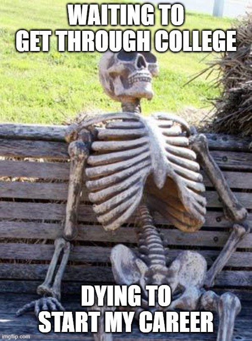 waiting for college | WAITING TO GET THROUGH COLLEGE; DYING TO START MY CAREER | image tagged in memes,waiting skeleton | made w/ Imgflip meme maker