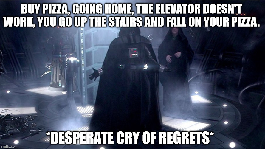 Darth Vader lost pizza | BUY PIZZA, GOING HOME, THE ELEVATOR DOESN'T WORK, YOU GO UP THE STAIRS AND FALL ON YOUR PIZZA. *DESPERATE CRY OF REGRETS* | image tagged in darth vader no,funny memes | made w/ Imgflip meme maker