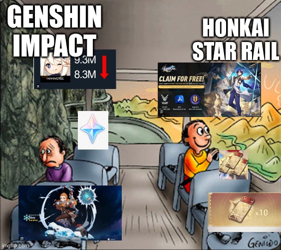 two side of a school bus | HONKAI STAR RAIL; GENSHIN IMPACT | image tagged in two side of a school bus | made w/ Imgflip meme maker