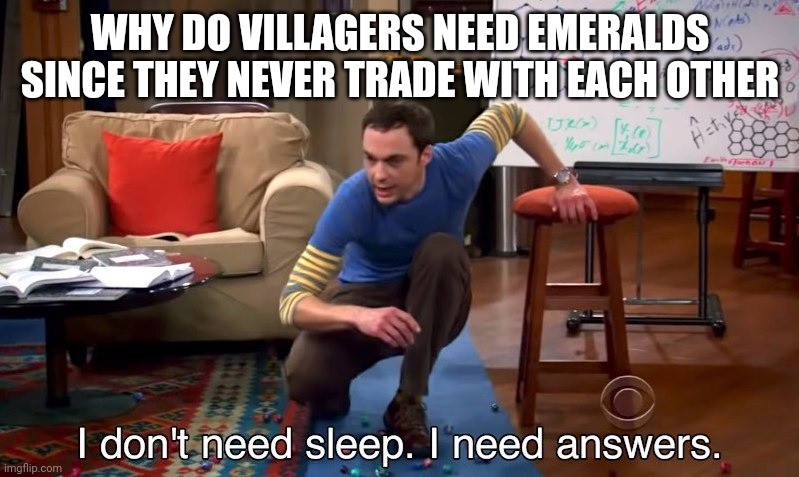 I don't need sleep I need answers | WHY DO VILLAGERS NEED EMERALDS SINCE THEY NEVER TRADE WITH EACH OTHER | image tagged in i don't need sleep i need answers,mincraft,memes,funny memes,funny meme,funny | made w/ Imgflip meme maker