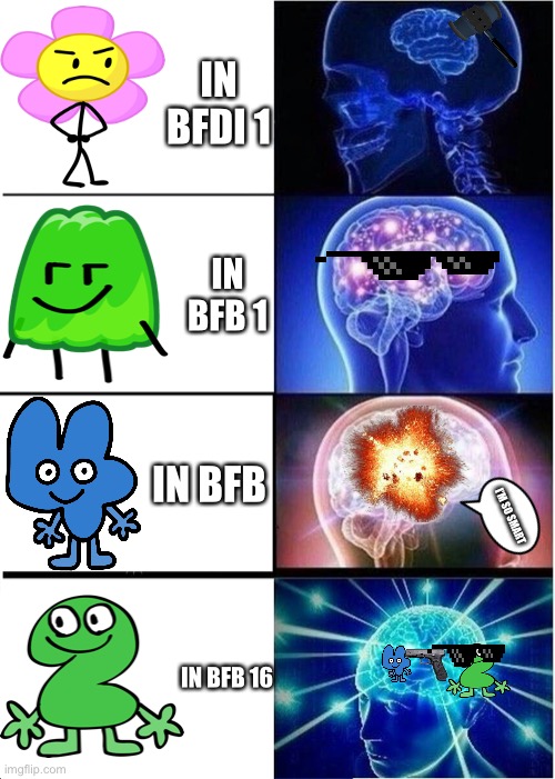 Expanding Brain | IN BFDI 1; IN BFB 1; IN BFB; I’M SO SMART; IN BFB 16 | image tagged in memes,expanding brain | made w/ Imgflip meme maker