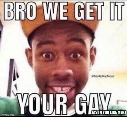 BRO WE GET IT YOU'RE GAY | (AS IN YOU LIKE MEN) | image tagged in bro we get it you're gay | made w/ Imgflip meme maker
