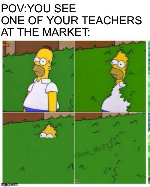 Homer hides | POV:YOU SEE ONE OF YOUR TEACHERS AT THE MARKET: | image tagged in homer hides,teacher what are you laughing at | made w/ Imgflip meme maker