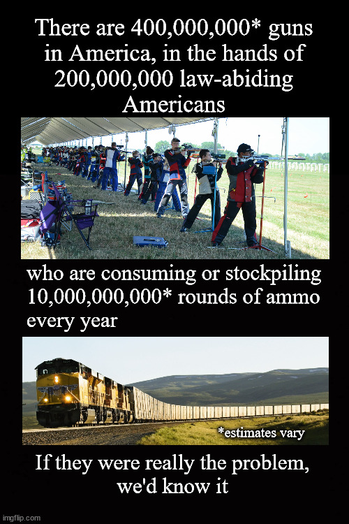 There are 400,000,000* guns in America, in the hands of 200,000,000 law-abiding Americans | There are 400,000,000* guns
in America, in the hands of
200,000,000 law-abiding
Americans; who are consuming or stockpiling
10,000,000,000* rounds of ammo
every year; *estimates vary; If they were really the problem,
we'd know it | image tagged in gun control,self defense,recreation,confidence,safety | made w/ Imgflip meme maker
