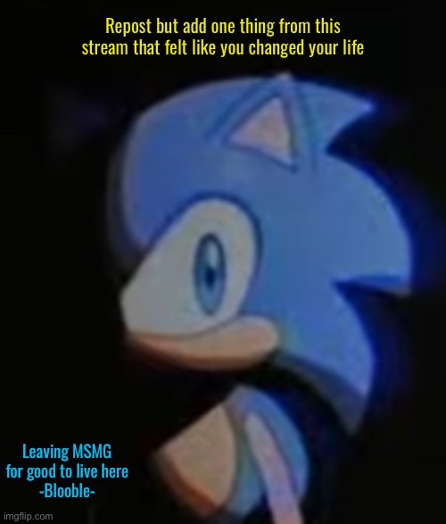 Sonic Side Eye | Repost but add one thing from this stream that felt like you changed your life; Leaving MSMG for good to live here
-Blooble- | image tagged in sonic side eye | made w/ Imgflip meme maker