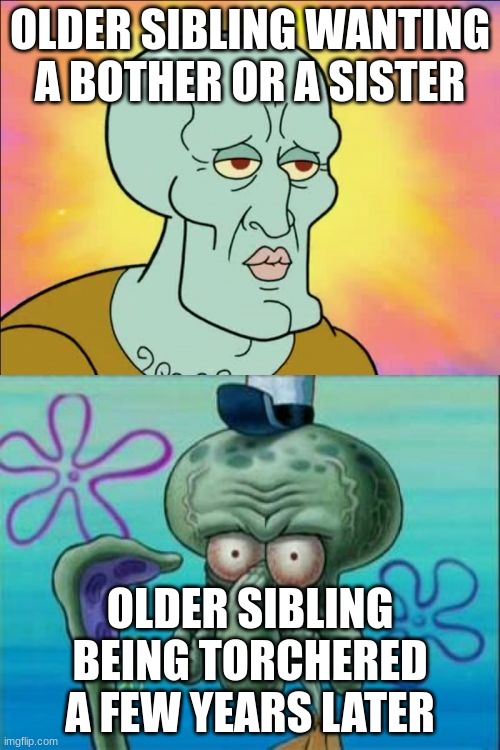 Squidward Meme | OLDER SIBLING WANTING A BOTHER OR A SISTER; OLDER SIBLING BEING TORCHERED A FEW YEARS LATER | image tagged in memes,squidward | made w/ Imgflip meme maker