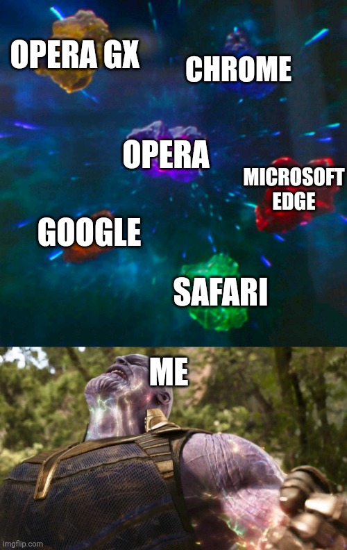 Avengers Infinity Stones Thanos | OPERA GX SAFARI GOOGLE OPERA MICROSOFT EDGE CHROME ME | image tagged in avengers infinity stones thanos | made w/ Imgflip meme maker