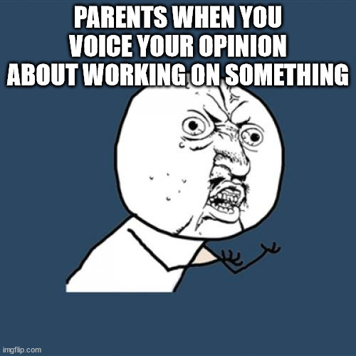 . | PARENTS WHEN YOU VOICE YOUR OPINION ABOUT WORKING ON SOMETHING | image tagged in memes,y u no | made w/ Imgflip meme maker