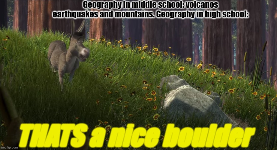 school meme only students can understand | Geography in middle school: volcanos earthquakes and mountains. Geography in high school:; THATS a nice boulder | image tagged in thats a nice boulder | made w/ Imgflip meme maker