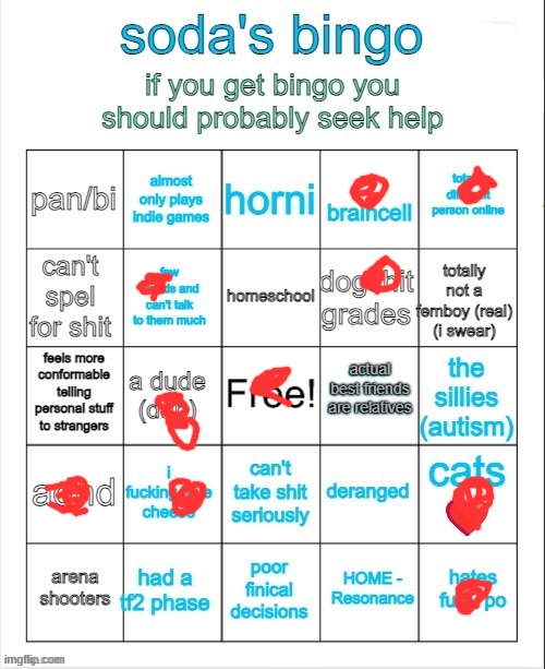 Soda's bingo | image tagged in soda's bingo | made w/ Imgflip meme maker