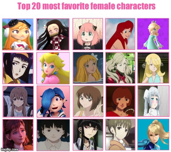top 20 most favorite female characters | image tagged in top 20 most favorite female characters,female,anime,nintendo,favorites,characters | made w/ Imgflip meme maker