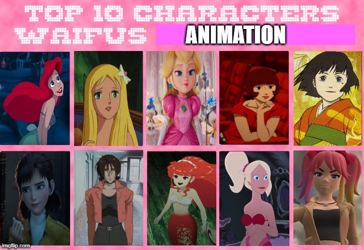 top 10 waifus of animation | image tagged in the 10 waifus of animation,waifu,mermaid,animation,mario movie | made w/ Imgflip meme maker