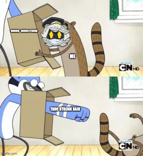 WHAT DID I MISS | MURDER_DRONES STREAM; ME; TADC STREAM RAID | image tagged in mordecai punches rigby through a box,murder drones,what the hell happened here | made w/ Imgflip meme maker