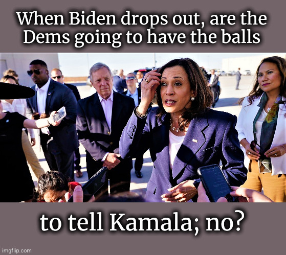 When Biden drops out, are the Dems going to have the balls ...? | When Biden drops out, are the
Dems going to have the balls; to tell Kamala; no? | image tagged in kamala nervous,kamala  harris 2024 | made w/ Imgflip meme maker