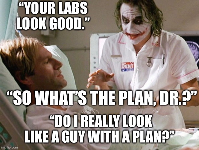 Why So Healthcare? | “YOUR LABS LOOK GOOD.”; “SO WHAT’S THE PLAN, DR.?”; “DO I REALLY LOOK LIKE A GUY WITH A PLAN?” | image tagged in joker ahd harvey,healthcare,health care,illness,sick | made w/ Imgflip meme maker