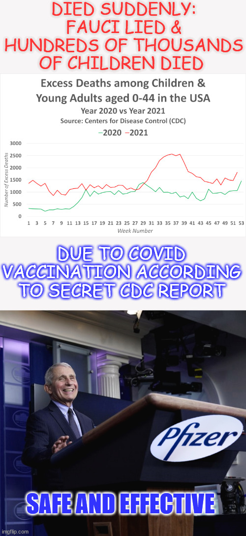 Safe and effective... | DIED SUDDENLY: FAUCI LIED & HUNDREDS OF THOUSANDS OF CHILDREN DIED; DUE TO COVID VACCINATION ACCORDING TO SECRET CDC REPORT; SAFE AND EFFECTIVE | image tagged in fauci lied | made w/ Imgflip meme maker