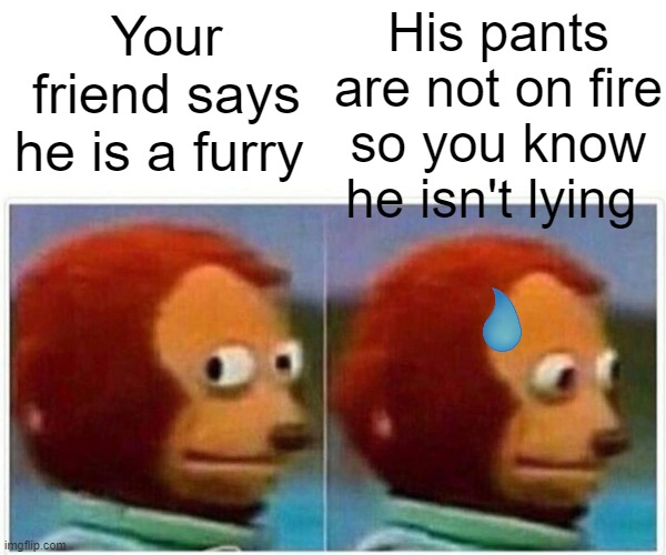 Lol | His pants are not on fire so you know he isn't lying; Your friend says he is a furry | image tagged in memes,monkey puppet | made w/ Imgflip meme maker