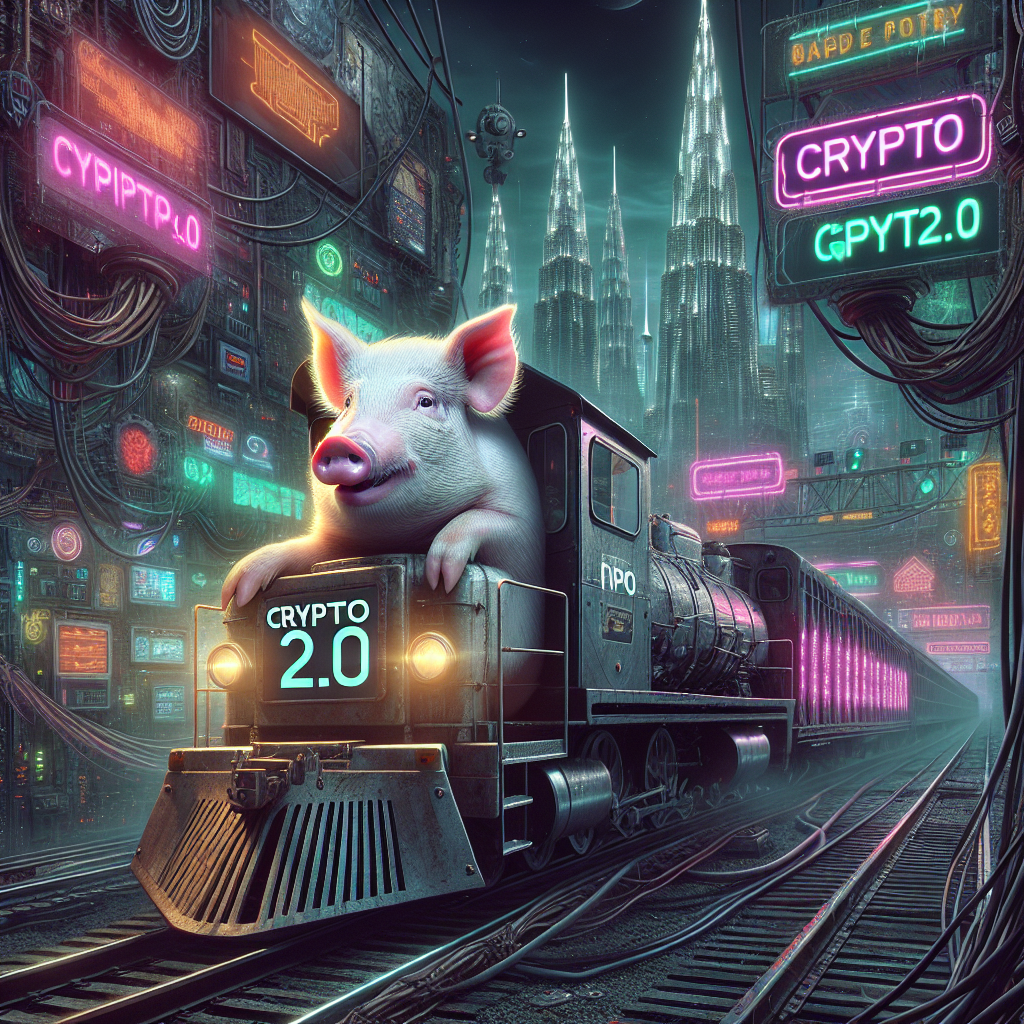 Pig driving a train with "crypto 2.0" written on the side Blank Meme Template