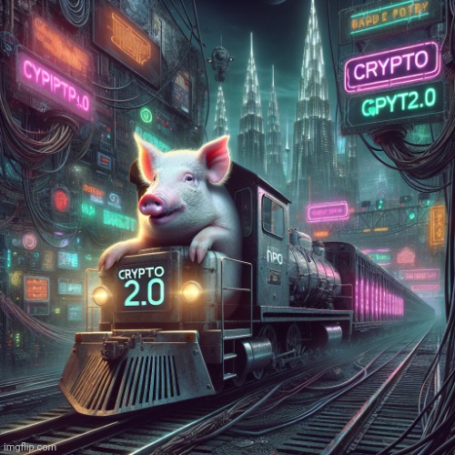 Pig driving a train with "crypto 2.0" written on the side | image tagged in pig driving a train with crypto 2 0 written on the side | made w/ Imgflip meme maker